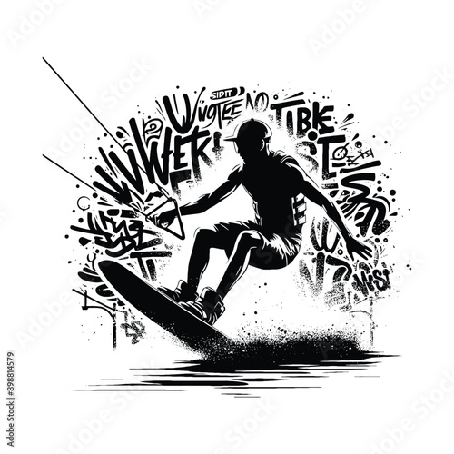 Kitesurfing, Wakeboarding   male player in graffiti tags, street art pattern illustration, emblem shield badge