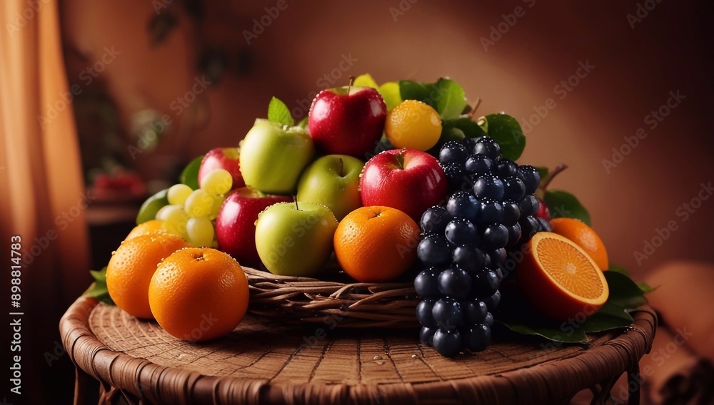 Illustration with assortment of freshly laid fruits such as juicy apples, large grapes and juicy oranges Illustration with assortment of freshly laid fruits such as juicy apples, large grapes and juicy oranges