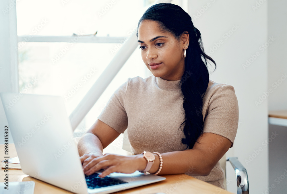 Woman, blog and typing on laptop in office for research, email or online review for website. Journalist, technology and writing article or internet and creativity for career or networking for company Woman, blog and typing on laptop in office for research, email or online review for website. Journalist, technology and writing article or internet and creativity for career or networking for company
