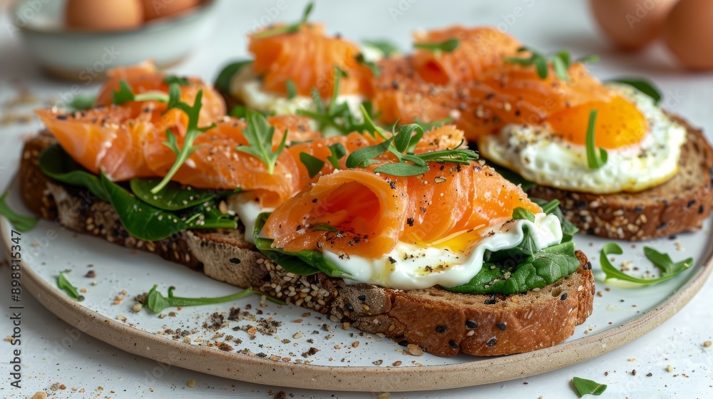 Salmon omelette toast with spinach and sour cream served for breakfast Salmon omelette toast with spinach and sour cream served for breakfast