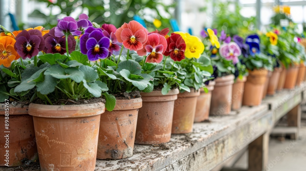 Colorful potted pansies lining shelves in a greenhouse during spring season Colorful potted pansies lining shelves in a greenhouse during spring season