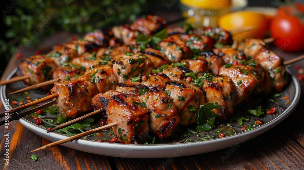 Grilled pork skewers with fresh herbs and citrus on rustic wooden table Grilled pork skewers with fresh herbs and citrus on rustic wooden table