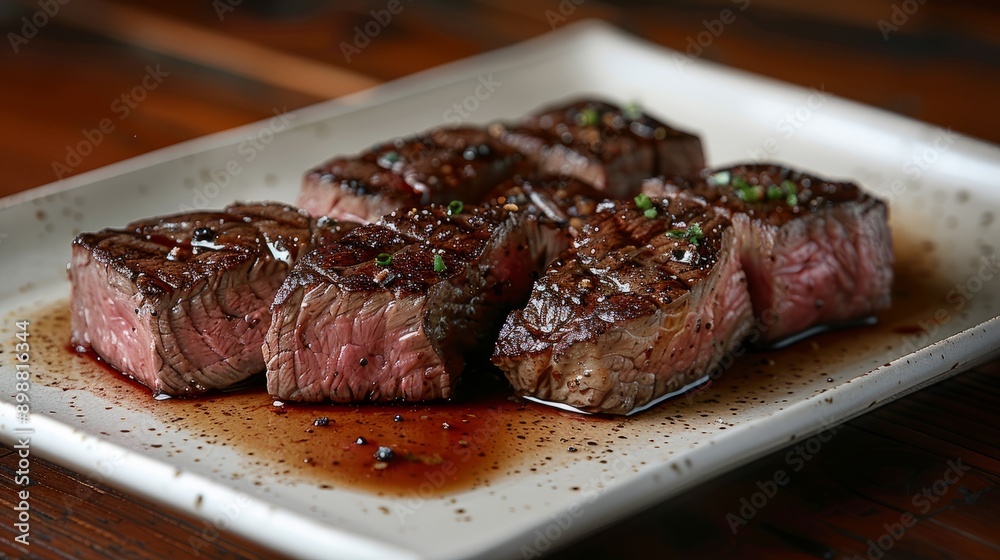 Medium rare wagyu beef served on a white plate in a gourmet restaurant setting Medium rare wagyu beef served on a white plate in a gourmet restaurant setting
