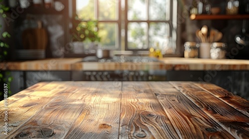 Rustic wooden tabletop in bright kitchen with natural light