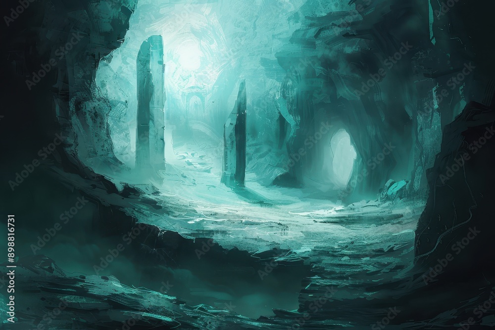 Mysterious icy cavern with glowing blue crystals and ancient stone ruins Mysterious icy cavern with glowing blue crystals and ancient stone ruins