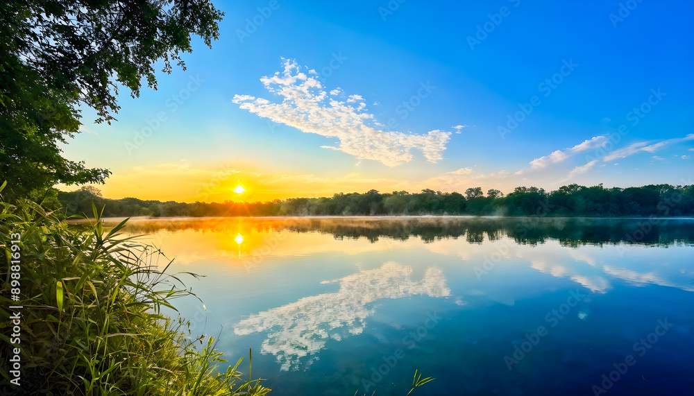 Tranquil Fall River Lake Scenery at Dusk with Golden Reflections in the Water and Refreshing Cool Air Tranquil Fall River Lake Scenery at Dusk with Golden Reflections in the Water and Refreshing Cool Air