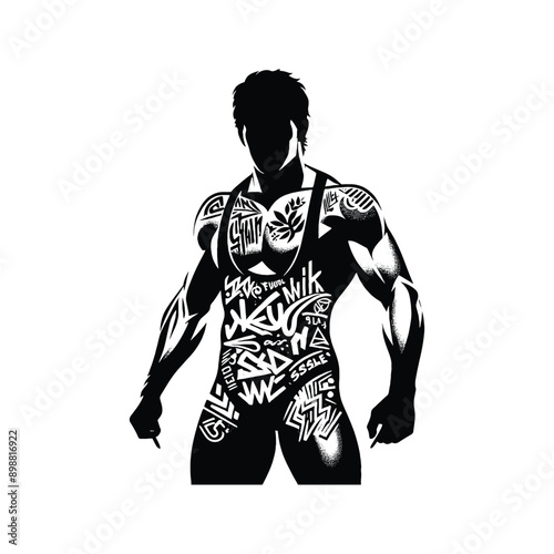 Wrestling  male player in graffiti tags, street art pattern illustration, emblem shield badge male player in graffiti tags, street art pattern illustration, emblem shield badge