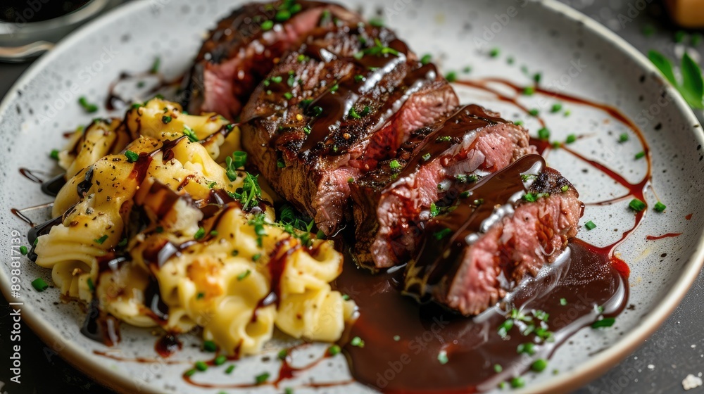 Roasted venison fillet with spatzle and chocolate red wine sauce on Nordic plate
