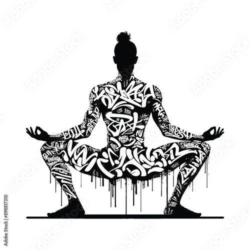 Meditation, yoga male player in graffiti tags, street art pattern illustration, emblem shield badge