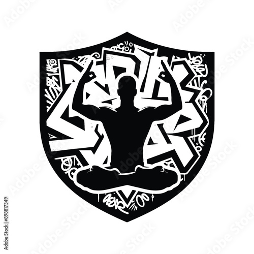 Meditation, yoga male player in graffiti tags, street art pattern illustration, emblem shield badge