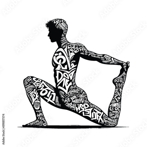 Meditation, yoga male player in graffiti tags, street art pattern illustration, emblem shield badge