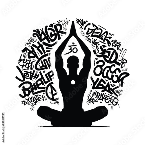 Meditation, yoga male player in graffiti tags, street art pattern illustration, emblem shield badge