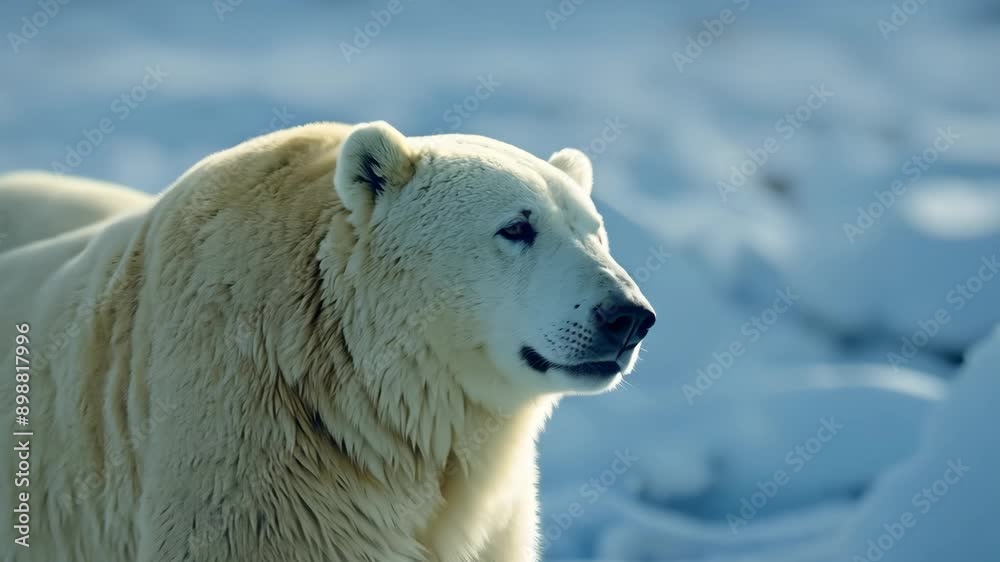 The camera tilts to focus on a polar bear's face, emphasizing its serious expression. The background blurs, highlighted by natural light and sidelights, creating a striking and intense scene The camera tilts to focus on a polar bear's face, emphasizing its serious expression. The background blurs, highlighted by natural light and sidelights, creating a striking and intense scene