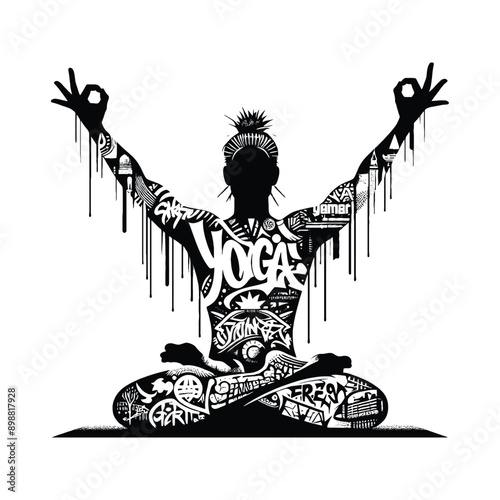 Meditation, yoga male player in graffiti tags, street art pattern illustration, emblem shield badge