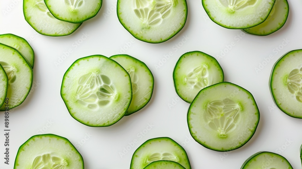 Top view of fresh cucumber slices on a white background