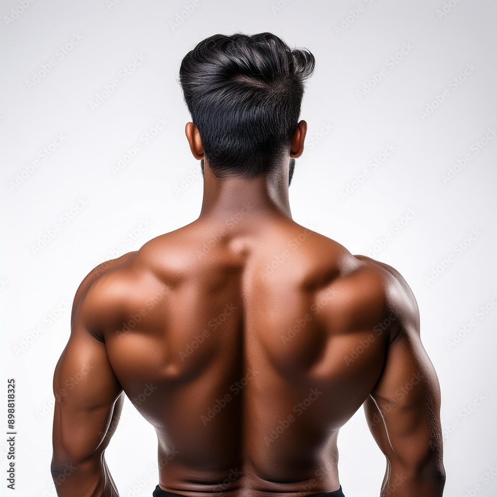 Fototapeta premium A young Indian muscular men's back close up shot, on white background