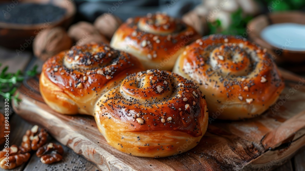 Freshly baked poppy seed and walnut rolls on rustic wooden board Freshly baked poppy seed and walnut rolls on rustic wooden board