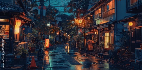 a beautiful japanese tokyo city town in the evening. houses at the street. anime comics artstyle. cozy lofi asian architecture. 16:9 4k resolution. Generative AI