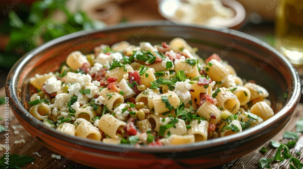 Traditional sicilian pasta with fava beans and fresh green onions served in a rustic bowl Traditional sicilian pasta with fava beans and fresh green onions served in a rustic bowl