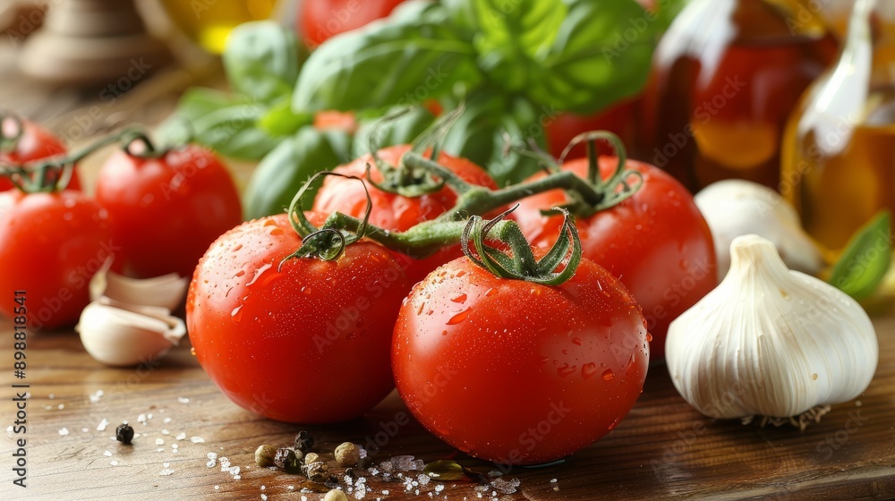 Fresh tomatoes, garlic, and basil on wooden table for italian culinary preparation Fresh tomatoes, garlic, and basil on wooden table for italian culinary preparation