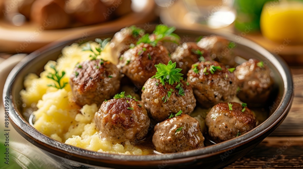 Traditional swedish meatballs served with creamy mashed potatoes and fresh herbs Traditional swedish meatballs served with creamy mashed potatoes and fresh herbs