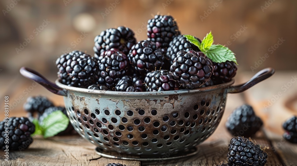 Fresh blackberries in a classic strainer on rustic wooden table Fresh blackberries in a classic strainer on rustic wooden table