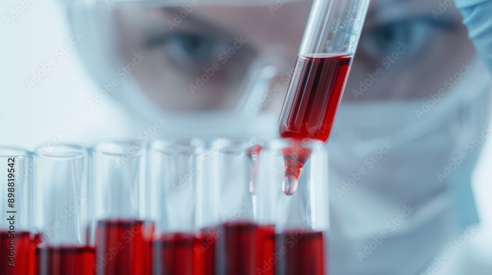 Lab technician analyzing blood samples, modern lab equipment, clean environment, Watercolor style, with copy space, high-resolution photo, hyper realistic Lab technician analyzing blood samples, modern lab equipment, clean environment, Watercolor style, with copy space, high-resolution photo, hyper realistic
