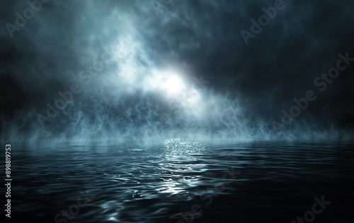 Spooky mist swirling above lake water