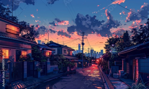 a beautiful japanese tokyo city town in the evening. houses at the street. anime comics artstyle. cozy lofi asian architecture. 16:9 4k resolution. Generative AI photo