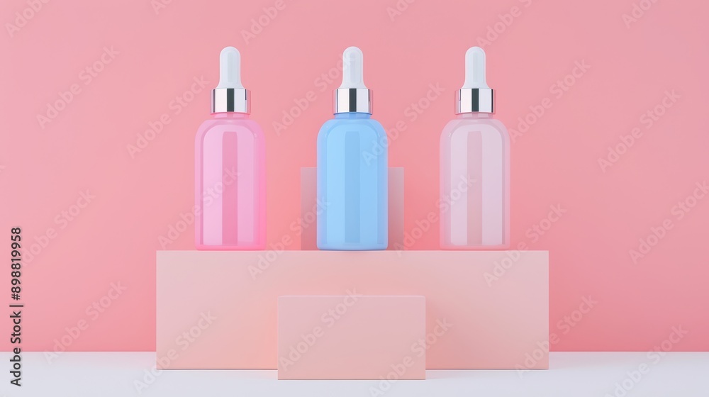 Dropper bottles array, podium setup, contrasting pink and blue, flat design illustration, with copy space, high-resolution photo, hyper realistic Dropper bottles array, podium setup, contrasting pink and blue, flat design illustration, with copy space, high-resolution photo, hyper realistic