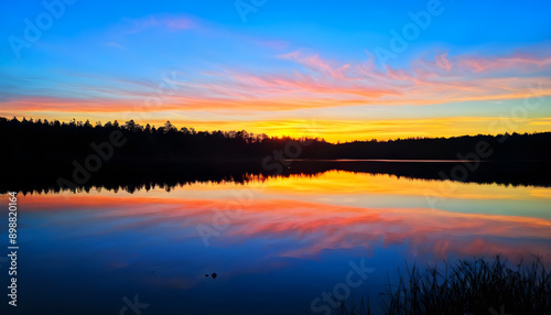 Serene Autumn River Lake Nature Landscape at Sunset with Golden Hues Reflecting in the Water and Crisp Cool Air
