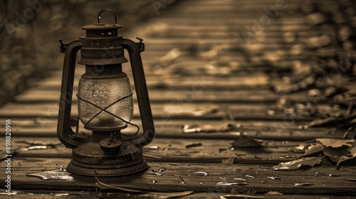 Fototapeta Naklejka Na Ścianę i Meble -  Lonely Vintage Lantern in Sepia with Raindrops and Shadows