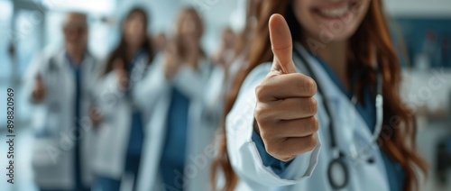 Close up of a female doctor giving a thumbs-up, with a blurred group of people in the background wearing stethoscopes and white coats on the right side of the frame Generative AI