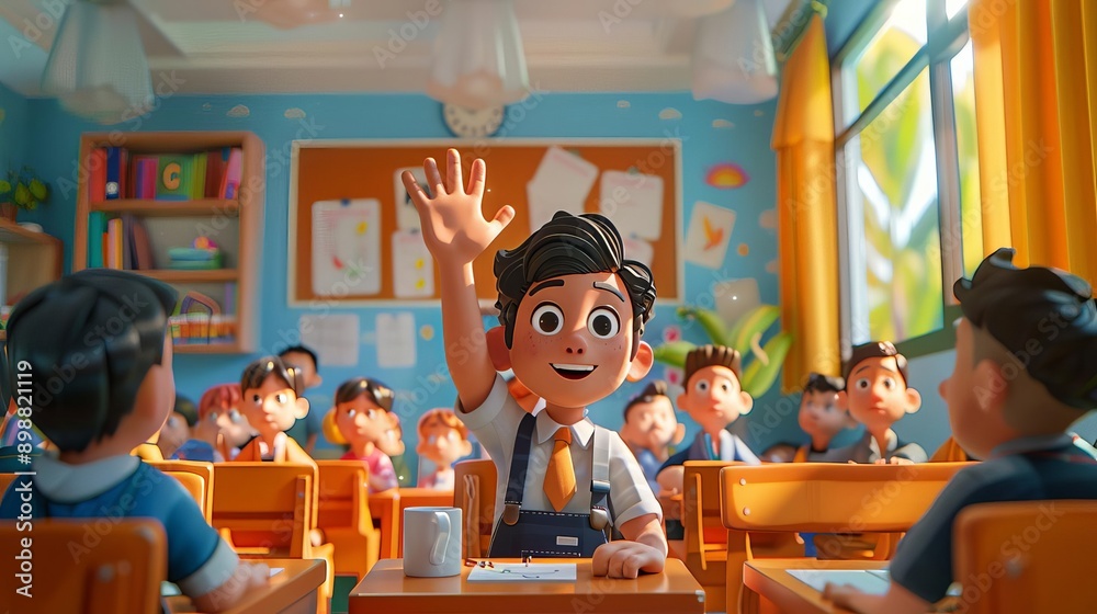 3D model of a student raising their hand to answer a question in a brightly decorated classroom, with classmates and a teacher looking on 3D model of a student raising their hand to answer a question in a brightly decorated classroom, with classmates and a teacher looking on