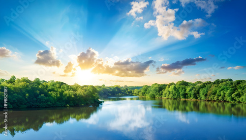 Serene Autumn River Lake Nature Landscape at Sunset with Golden Hues Reflecting in the Water and Crisp Cool Air