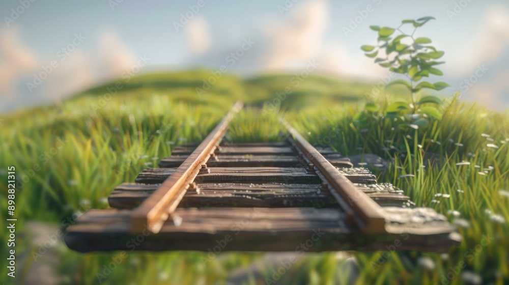 Fototapeta premium A floating train track with a landscape background and green grass
