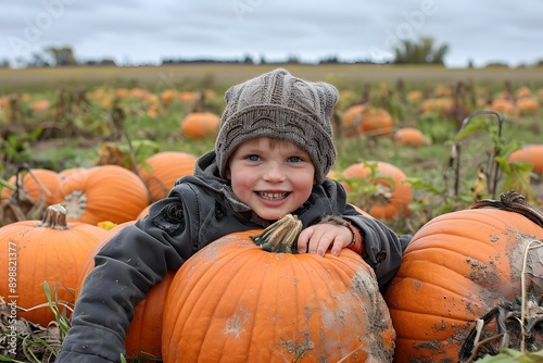 A young boy smiles brightly while surrounded by pumpkins in a fall field photo