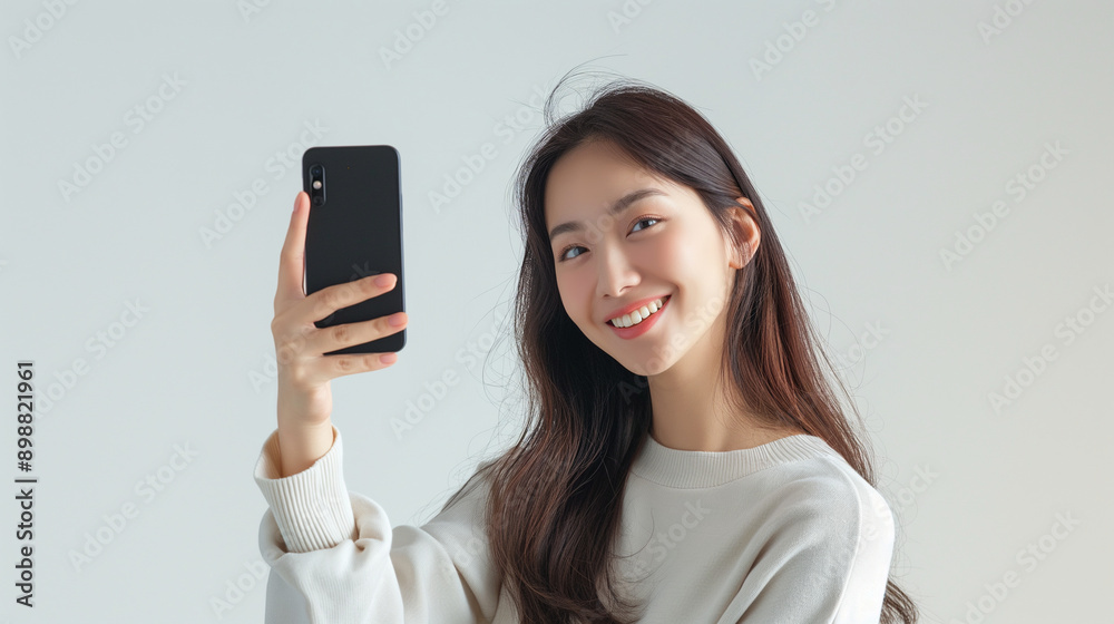 Promote our newest smartphone, with a happy Asian girl taking a selfie on a plain white background. Promote our newest smartphone, with a happy Asian girl taking a selfie on a plain white background.