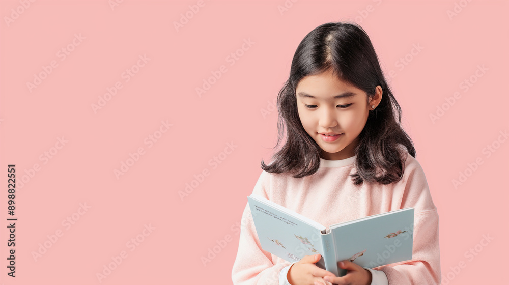 Promote our children's educational books, with an Asian girl reading a storybook on a light pink background. Promote our children's educational books, with an Asian girl reading a storybook on a light pink background.