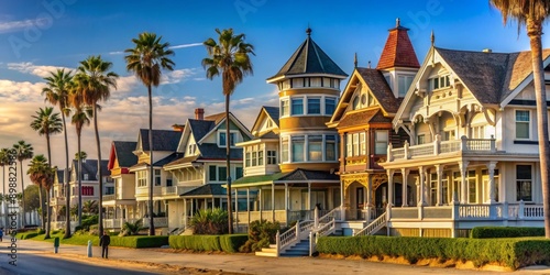 Ornate Victorian houses surrounded by palm trees in iconic Huntington Beach, CA, known for surfing, Victorian