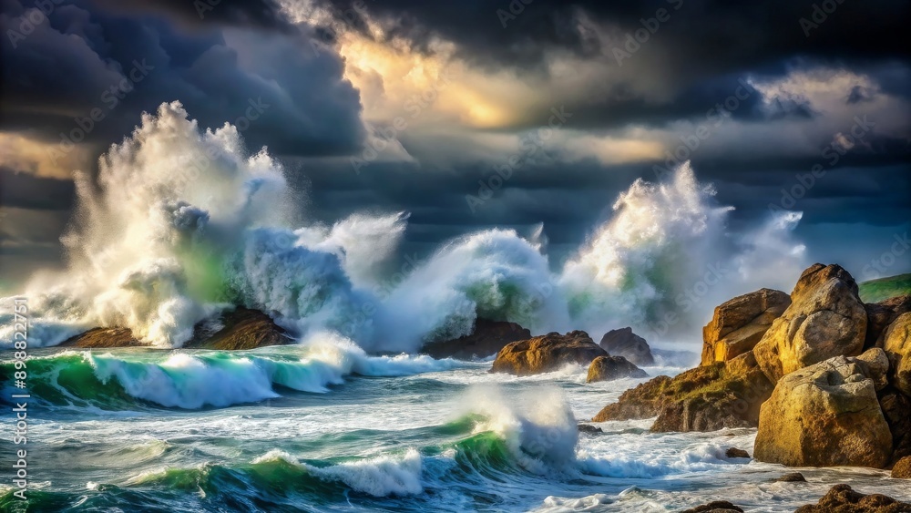 Powerful ocean waves crashing against rocks under stormy skies , stormy, ocean, waves, power, strong, crashing, rocks, water Powerful ocean waves crashing against rocks under stormy skies , stormy, ocean, waves, power, strong, crashing, rocks, water