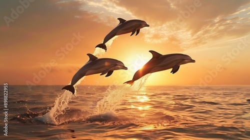 Dolphins leaping out of the ocean with a sunset view 