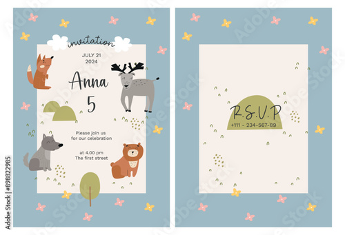 Kids birthday invitation with forest animals in flat hand drawn style. Printable vector template design of childish card for baby shower celebration. Fox, deer, bear, wolf.