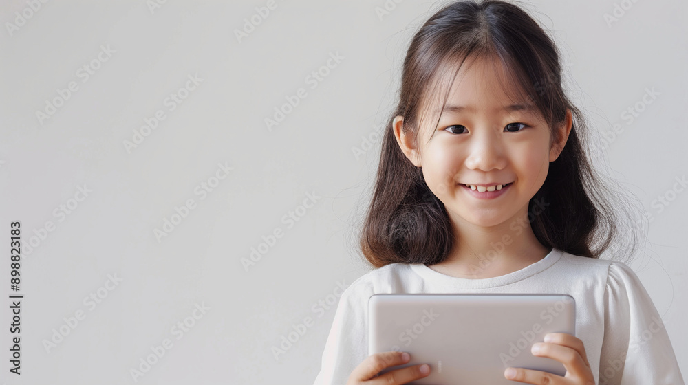 Feature our AI-powered language learning app, with a smiling Asian girl using a tablet on a plain white background. Feature our AI-powered language learning app, with a smiling Asian girl using a tablet on a plain white background.