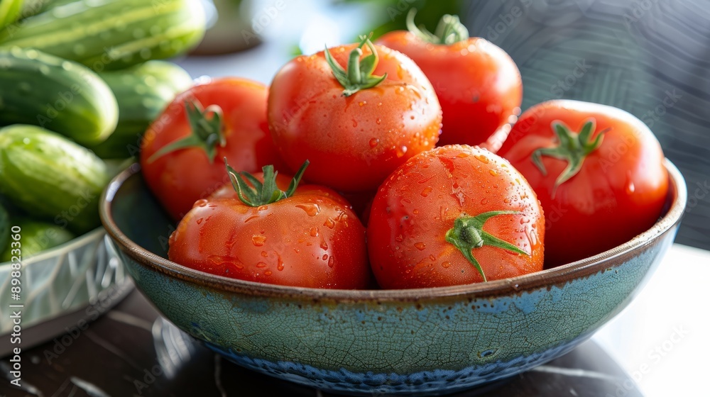Freshly washed tomatoes and cucumbers in a bowl on a table ready for a summer meal Freshly washed tomatoes and cucumbers in a bowl on a table ready for a summer meal