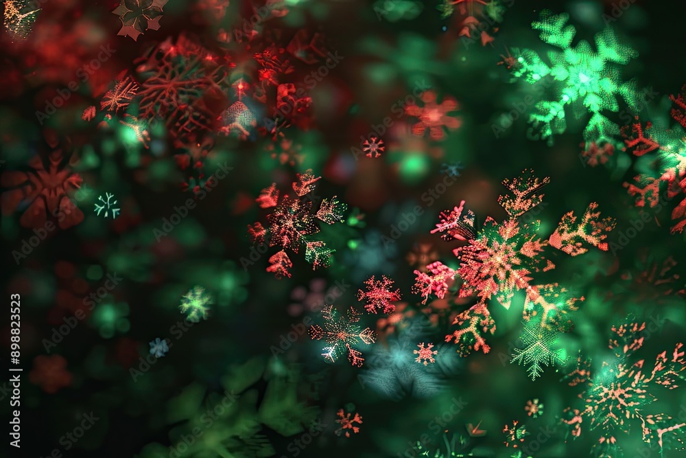 Abstract Christmas background with red and green bioluminescent snowflakes Abstract Christmas background with red and green bioluminescent snowflakes