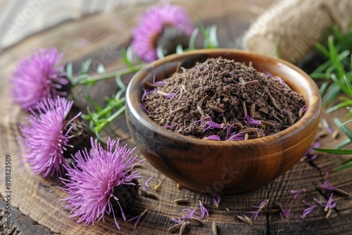 Herbal supplement with purple thistle flowers milk thistle.