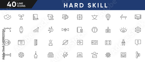 Hard skill line icon set. Leadership, Communication, target, Core values, teamwork, goal, education, skills, career, management, leadership, and business training outline icon set. Ui thin icons pack.