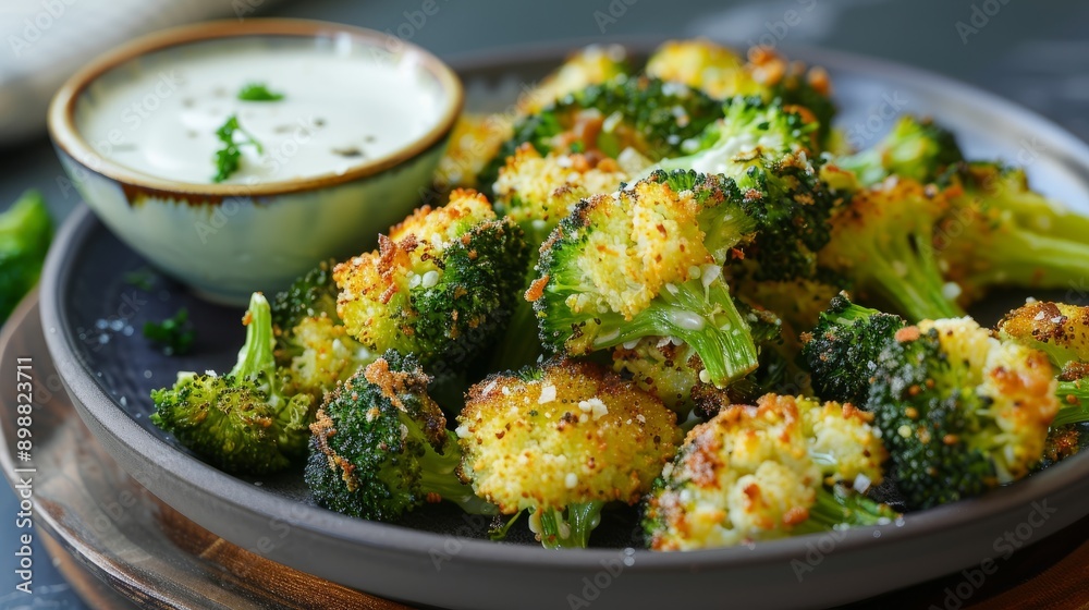 Broccoli sticks with mozzarella cheese served on a plate with dipping sauce Broccoli sticks with mozzarella cheese served on a plate with dipping sauce