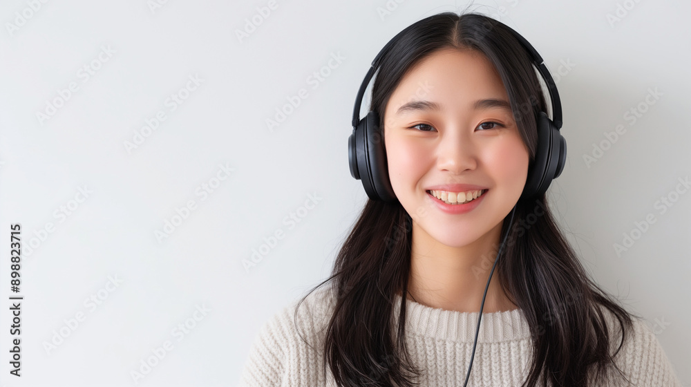 Advertise our noise-cancelling office headphones, with a smiling Asian girl wearing the headphones on a plain white background. Advertise our noise-cancelling office headphones, with a smiling Asian girl wearing the headphones on a plain white background.